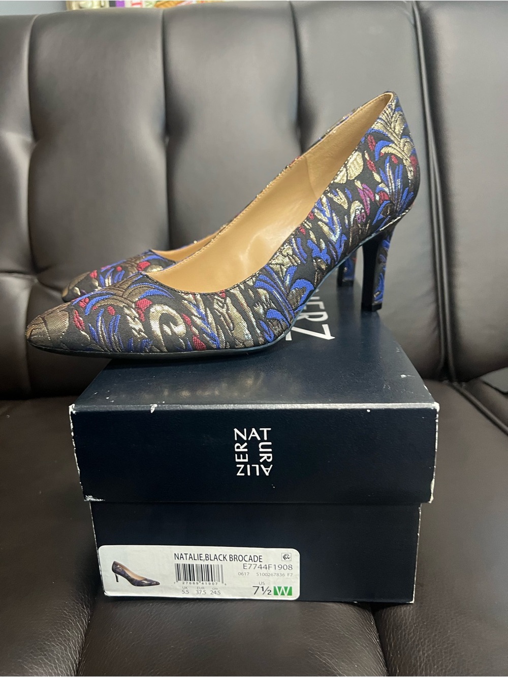 Naturalizer Natalie Black Brocade Pointed Toe Pump with Blue and Red Accents
